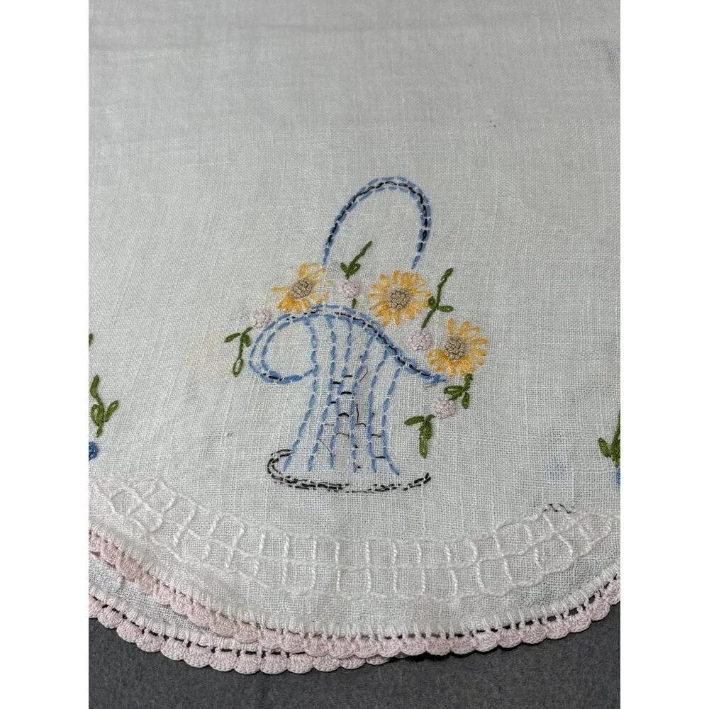 Hand Embroidered Linen Table Runner Flowers & Pink Lace Trim 38x14